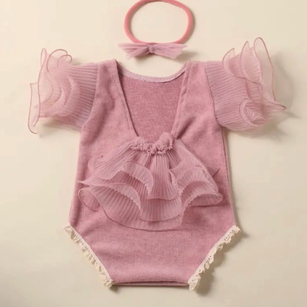 Newborn Photography Lace Romper Bow Headband Set Baby Girl Photo Shootin…